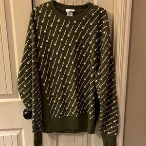 Champion Olive All-Over Logo Reverse Weave Crewneck Sweatshirt